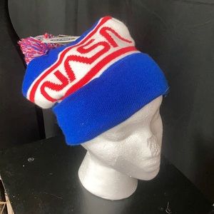 NASA pom pom beanie hat